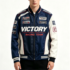 Chaqueta de Cuero Híbrida OEM Estilo <span class=keywords><strong>Biker</strong></span> Varsity con Bordado Personalizado 2026, Chaqueta Letterman de Carreras, Chaqueta de Cuero de Carreras de Fábrica - Product Image 2