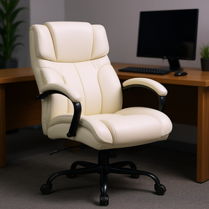 Fauteuil de bureau exécutif blanc crème à dossier haut, pivotant, avec roulettes, assise large et confortable pour un soulagement optimal - Product Image 2