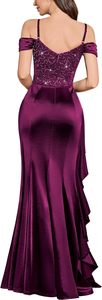 Abito da damigella d'onore/festa Miusol da donna, sexy, con spalle scoperte, in cashmere con paillettes, lunghezza al pavimento, silhouette a tubino, ad asciugatura rapida - Product Image 2