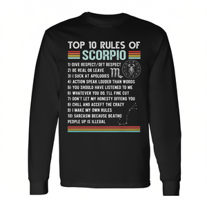 Camiseta de manga larga con signo del zodiaco Escorpio, diseño de las 10 reglas, ropa unisex negra - Product Image 2
