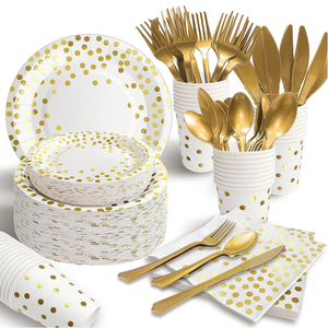 DAMAI - Vajilla Desechable Blanca y Dorada para Fiestas, Platos, Vasos y Servilletas con Puntos Dorados para Graduación, Cumpleaños, Bodas - Product Image 1