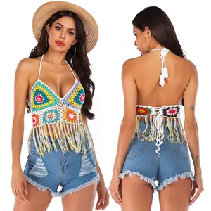 Clothing Factories in China Crochet Knit Bikini Boho Tassel Sexy Deep V Backless Halter Beach Tops