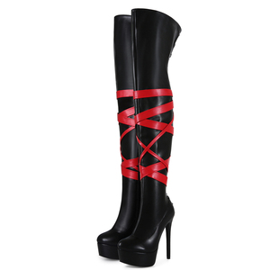 Bottes hautes pour femmes à plateforme épaisse, grande taille 47, à lacets, avec lanières croisées rouges - Product Image 3
