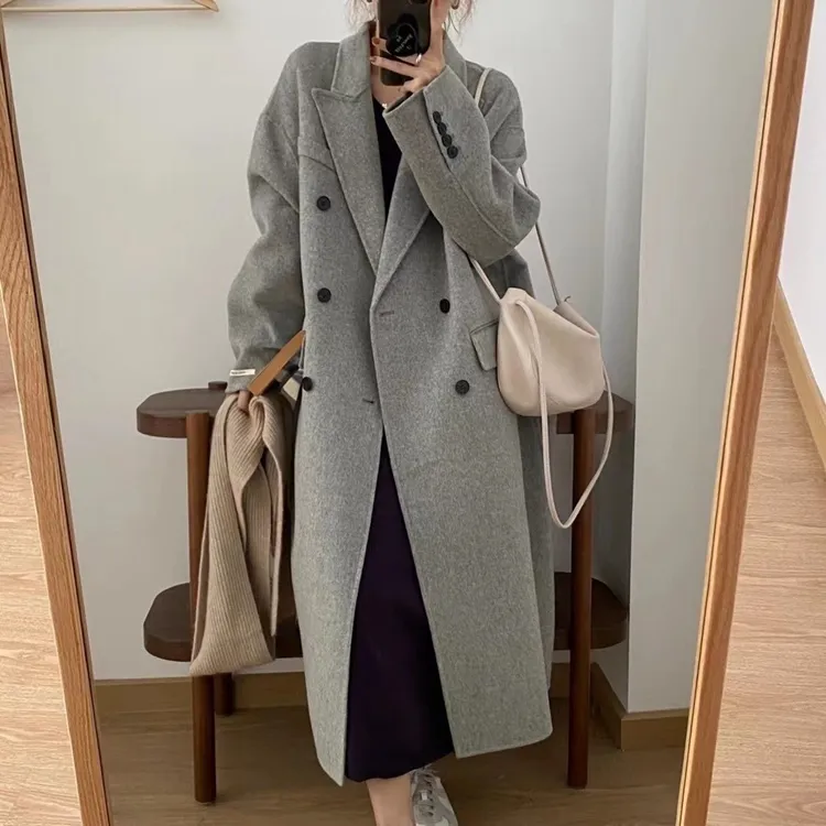 Grey elegant ankle length long double breasted 90% real wool high quality womens wool coat 2022
