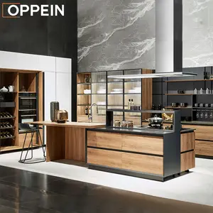 OPPEIN Modern Wood Grain Kitchen Cabinets with Island