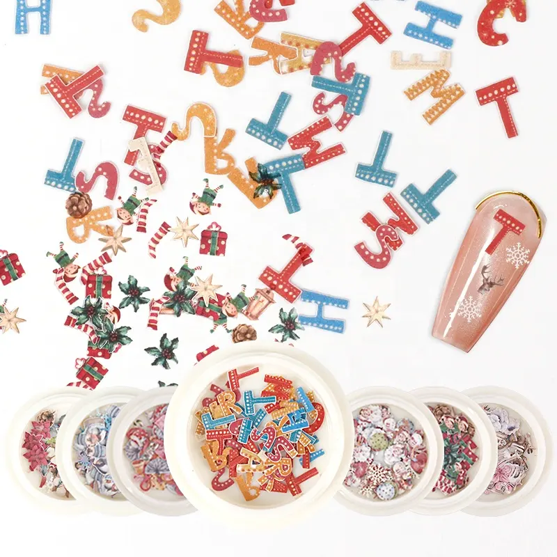 Christmas Day Nail Glitter Decals Stickers 3D Nail Art Supplies Mix Presents Snowflakes Flowers Wood Pulp Chips Nail Confetti