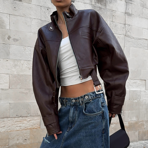 Blouson court en PU tissé pour femme, automne, fermeture éclair sur le devant, col à volants, uni, teinture écologique, coupe ample, décontracté, manches longues - Product Image 2