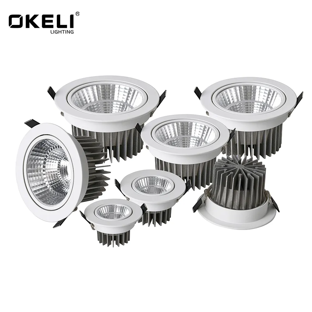 OKELI, фабричная оптовая цена, 3 Вт, 6 Вт, 9 Вт, 18 Вт, 24 Вт, 30 Вт, 40 Вт, 50 Вт, COB, встраиваемый регулируемый светодиодный потолочный светильник, алюминиевый Светодиодный точечный светильник