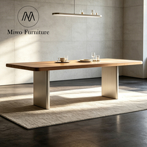Table rectangulaire moderne en acier inoxydable avec plateau en bois massif naturel, idéale pour les restaurants et les repas en groupe - Product Image 2