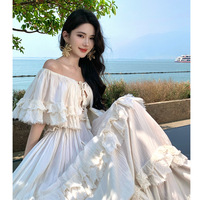 Robe longue vintage française ethnique à épaules dénudées avec dentelle et volants, style bohème, taille naturelle, pour vacances à la plage, tenue romantique pour femme