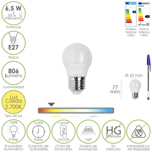 Lampadina LED, sferica, attacco E27. 6,5 Watt. Equivalente a 50 Watt. 806 Lumen. Bianco caldo 3000K. - Product Image 1
