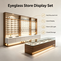 Étagère murale de luxe pour lunettes optiques avec éclairage LED, cadre en bois, dessus en verre, vitrine îlot, tiroir verrouillable