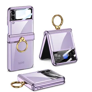 Funda de teléfono de Venta caliente para Samsung Galaxy Z Flip 4 con bisagra magnética transparente galvanizada y anillo de metal Cas de vidrio frontal