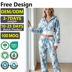 Women's Geometric Print <b>Zip</b> <b>Up</b> <b>Cropped</b> <b>Hoodie</b>, Blue Beige Matching Loungewear Bundle, Casual Sweatsuit Leisure Wear - Product Image 1