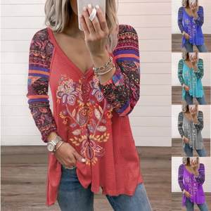 Atasan Wanita Musim Panas Kasual Kerah V Lengan Panjang Motif Cetak Ukuran S-5XL Plus Size Longgar Bahan Poliester - Product Image 1