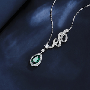 925 Sterling Silver Created Emerald Pendant <b>Necklace</b>, Pear Cut Halo Lab Emerald Snake Design Fine Jewelry for Women - Product Image 3