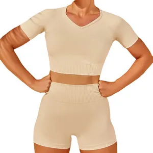 starter spandex celana pendek Suppliers-Pakaian Olahraga Yoga Lengan Pendek Wanita, Celana Pendek Elastis Tinggi Bernapas untuk Fitness Lari