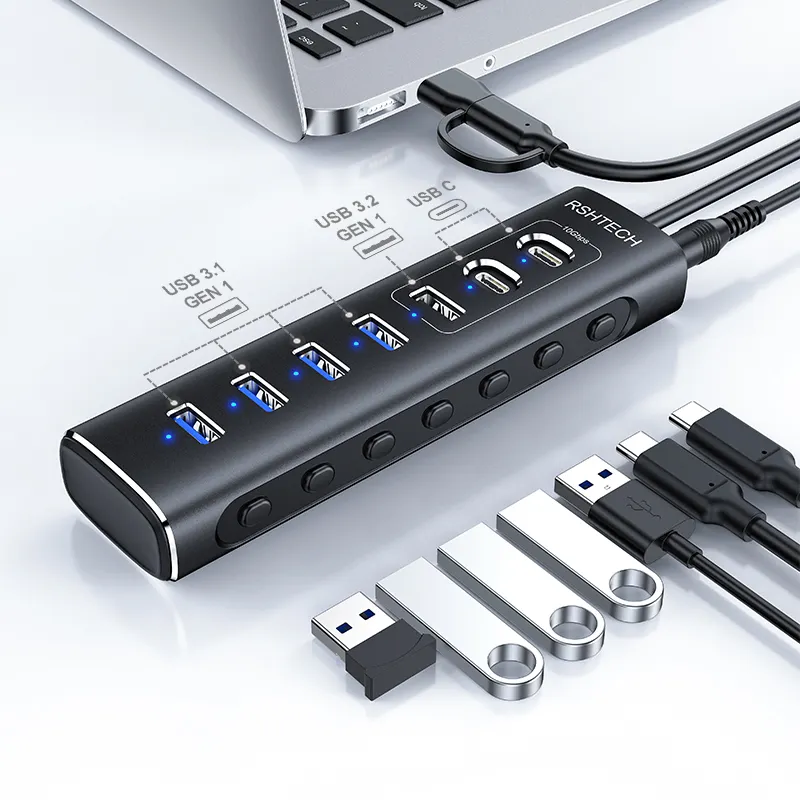 RSHTECH 7-em 1 Tipo C USB 3.1 Hub alimentado 12V/2A Conector comutável de 10Gbps tipo c 7 em 1 porta Docking station para Macbook