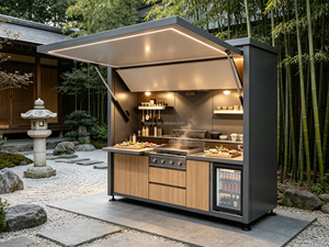 <span class=keywords><strong>Cuisine</strong></span> <span class=keywords><strong>extérieure</strong></span> moderne modulaire en acier inoxydable personnalisable avec rangement et pare-vent, barbecue portable écologique et ignifuge - Product Image 2