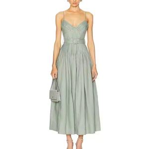 Robe midi trapèze vert menthe personnalisée, élégante, bohème, décontractée, avec ceinture, 100 % lin, sans manches, pour printemps, été, automne - Product Image 1