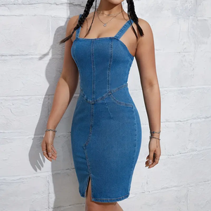 Jupes en jean sexy pour femmes, longueur genou, sans manches fendues, coupe ajustée, fermeture à glissière dans le dos, robes en jean moulantes - Product Image 4