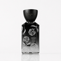 Flacon de parfum carré en verre de 50 ml et 100 ml avec bouchon en bois gravé, motif de rose personnalisé, logo en relief, boîte cadeau florale de luxe