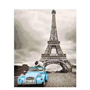 Peinture à l'huile par numéros, images de voiture et Eiffel, sur toile, avec cadre, pour adulte, pour Kits et décoration de la maison, noir