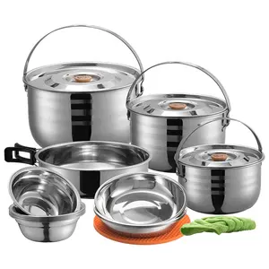 Outdoor Camping Pot Multi-Function Stainless Steel Cookware Outdoor Camping Hiking Pot Portable Outdoor Pan Bowl 8-Person Picnic Set Pot