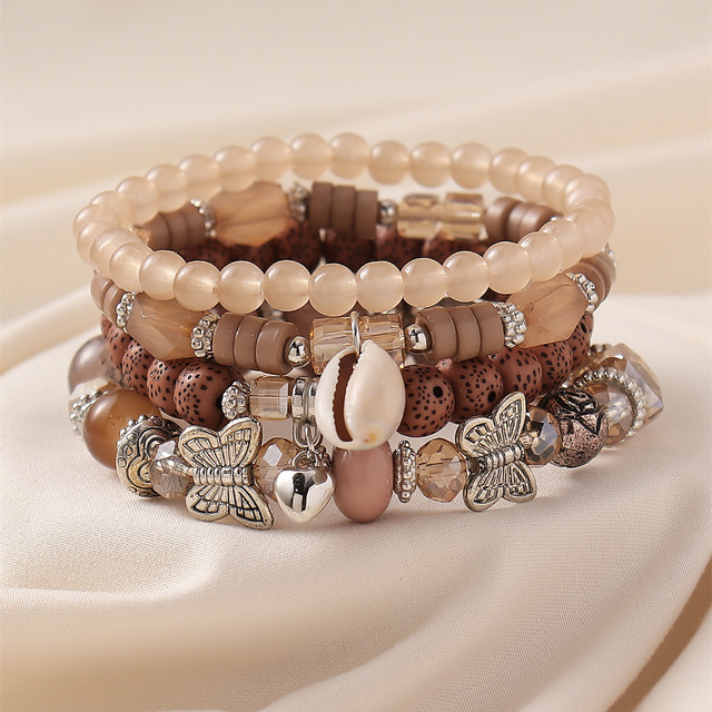 Bestone Vintage Bohemian Style Bead Bracelet Fashionable butterfly Shell Crystal Multi-layer Multi-element Elastic Wristband
