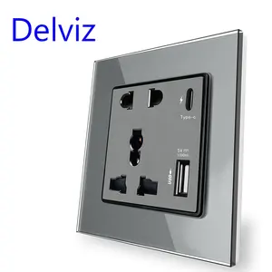 Delviz tomada de painel de vidro cristal, tipo-c, interface 18w, carregamento rápido, entrada usb universal para parede