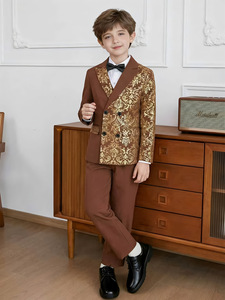 Traje <span class=keywords><strong>de</strong></span> fiesta <span class=keywords><strong>de</strong></span> lujo <span class=keywords><strong>para</strong></span> niños pequeños, blazer cruzado con estampado floral dorado vintage, ideal <span class=keywords><strong>para</strong></span> espectáculos y presentaciones. - Product Image 1