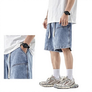 <b>mens</b> relaxed fit denim shorts oversized cargo shorts light blue wash vintage elastic waist white drawstrings worker style - Product Image 1