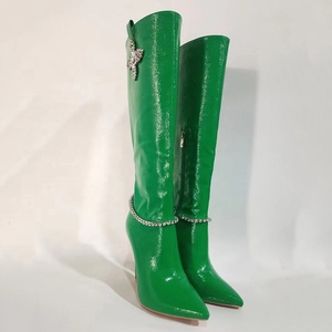 Green Patent Stiletto Style High Slim Heels <b>Shoes</b> Women Pointed Toe Bling Rhinestone Long Diamonds Flower Knee High Boots - Product Image 4