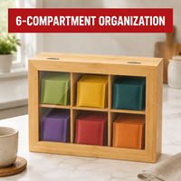 Boîte à thé en bambou à 6 compartiments avec couvercle transparent à rabat |   Organisateur de rangement pour sachets de thé de bureau |   Coffret à thé en bambou naturel OEM