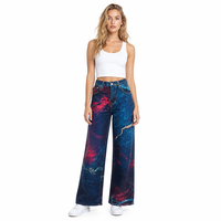 Jean taille haute à jambe large pour femme, imprimé marbré rouge cramoisi et cyan électrique, en denim, OEM