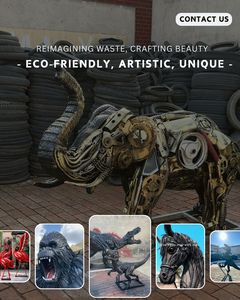 Statue de dinosaure en pneu recyclé grandeur nature personnalisée pour la décoration de parc à thème, sculpture de T-Rex et de raptor - Product Image 4