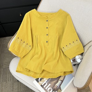 Women's Cotton Linen <b>Blouse</b> Orange <b>Red</b> Yellow Embroidered Three Quarter Sleeve Daily Wear Top - Product Image 4