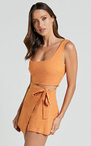 Oem Custom <span class=keywords><strong>Matching</strong></span> Coord Casual Feminino Quadrado Pescoço Sem Mangas Colheita Tops Linho Mini Envoltório Saia de Duas Peças Conjuntos para As Mulheres - Product Image 3