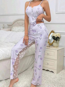 2025 nouveauté élégant femmes avant fente maison costume coeur impression contraste couleur taille élastique pyjama ensemble pour la saison d'automne - Product Image 2