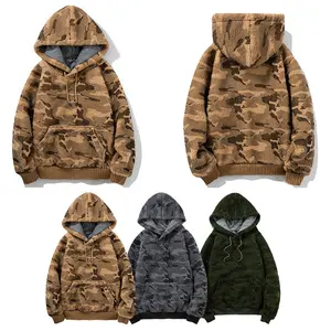 Camo Hoodie Sherpa Olahraga Termal, Hoodie Ukuran Besar Lengan Raglan Musim Dingin Berat Organik