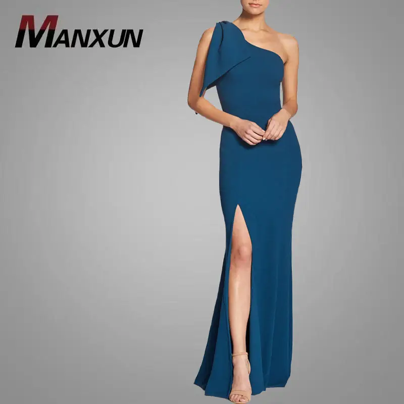 En çok satan tek omuz bayanlar Maxi elbiseler yay yüksek bölünmüş elbise kadınlar Lady zarif elbiseler parti akşam kıyafeti Online