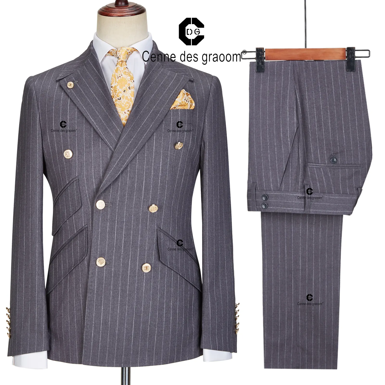 Genne des graoomNew Men's Decoration Gold Double-Breasted Six-Button Striped Business Office Suit Gray