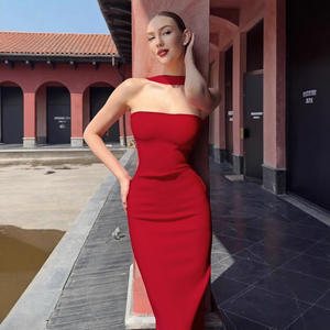 오프숄더 스트랩리스 섹시 여성 드레스 민소매 스트레이트 롱 바디콘 드레스 백리스 캐주얼 여름 파티 드레스 - Product Image 4