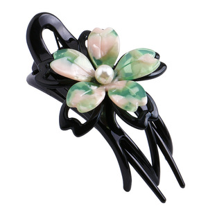 Forcina a tre denti con morsetto a becco d'anatra con disegno floreale acido acetico da donna puro fatto a mano elegante testa t - Product Image 5