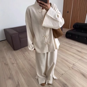 2026 Nova Coleção Primavera Atacado Conjunto de 2 Peças Estilo Neo-Chinês com Botão de Sapo, Gola Alta Chique Francesa, Calças de Perna Larga Soltas, Traje Branco Elegante - Product Image 1