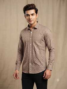 เสื้อเชิ้ตผ้าฝ้ายทวิลล์สำหรับผู้ชาย ลายพิมพ์เรขาคณิตเล็กๆ สีมารูน เบจ และสีขาว แขนยาว สวมใส่สบายๆ แฟชั่นลำลอง - Product Image 4