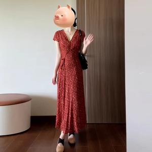 French Retro Red Floral Dress Women Summer V <b>Neck</b> <b>Tie</b> Waist Slim Fit Long Skirt Casual Daily Wear - Product Image 1