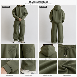 Ensemble de survêtement en molleton vert OEM, doux et extensible, en coton, assorti pour hommes, couples et familles, uni, gaufré, personnalisé, fournisseur, designer - Product Image 3