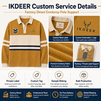 IKDEER Polo de rugby personnalisé pour homme à manches longues en velours côtelé, jaune gingembre moutarde, avec patch chevron, style preppy, fabrication usine