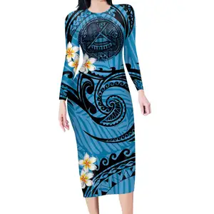 2022 7XL 여성을위한 새로운 패턴 캐주얼 드레스 폴리네시아 전통 부족 인쇄 가을 긴 드레스 plumeria 반지 하와이